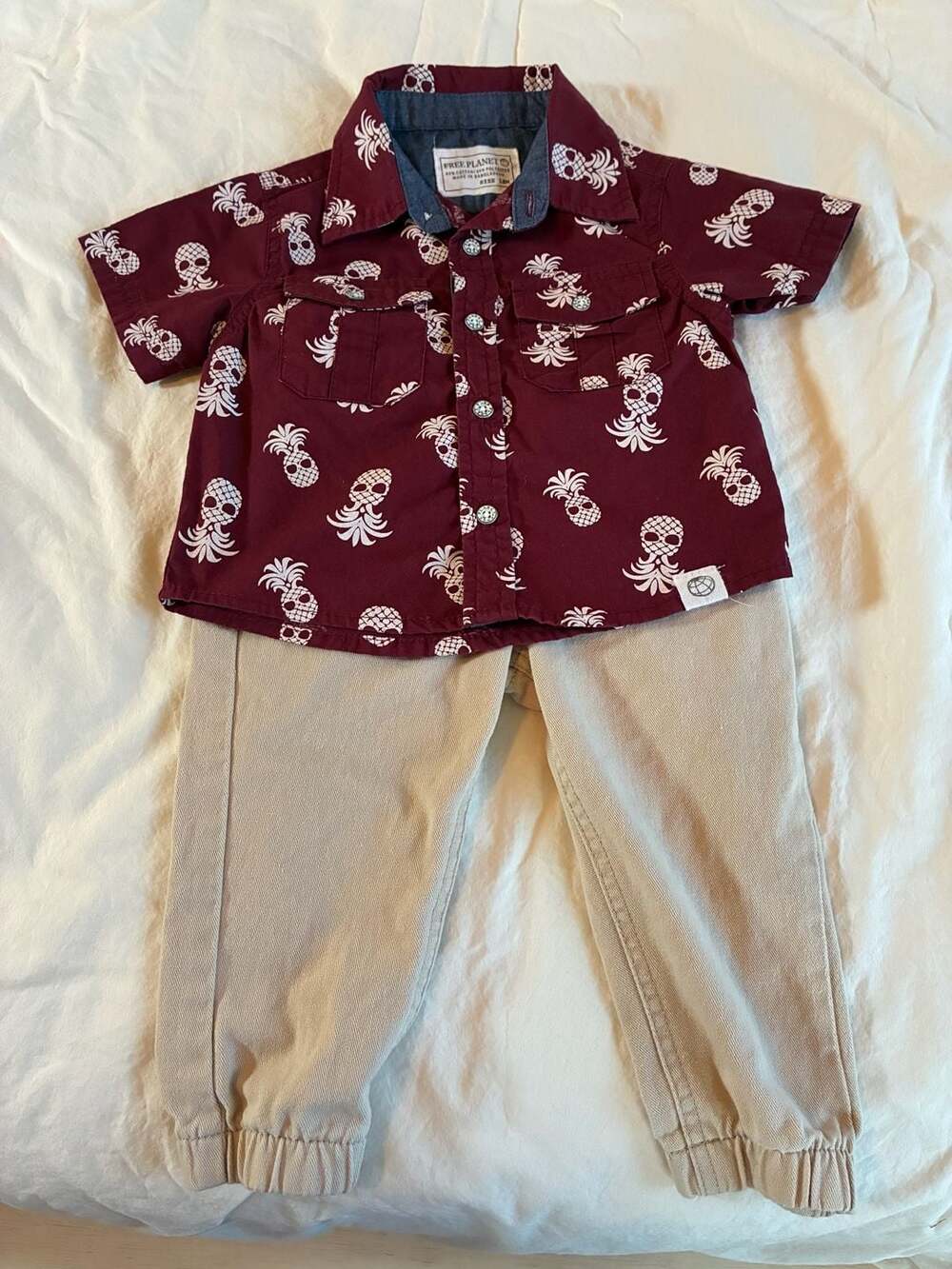 Free Planet Boys Pineapple Print Button-Down Shirt and Khaki Jogger Pants Outfit